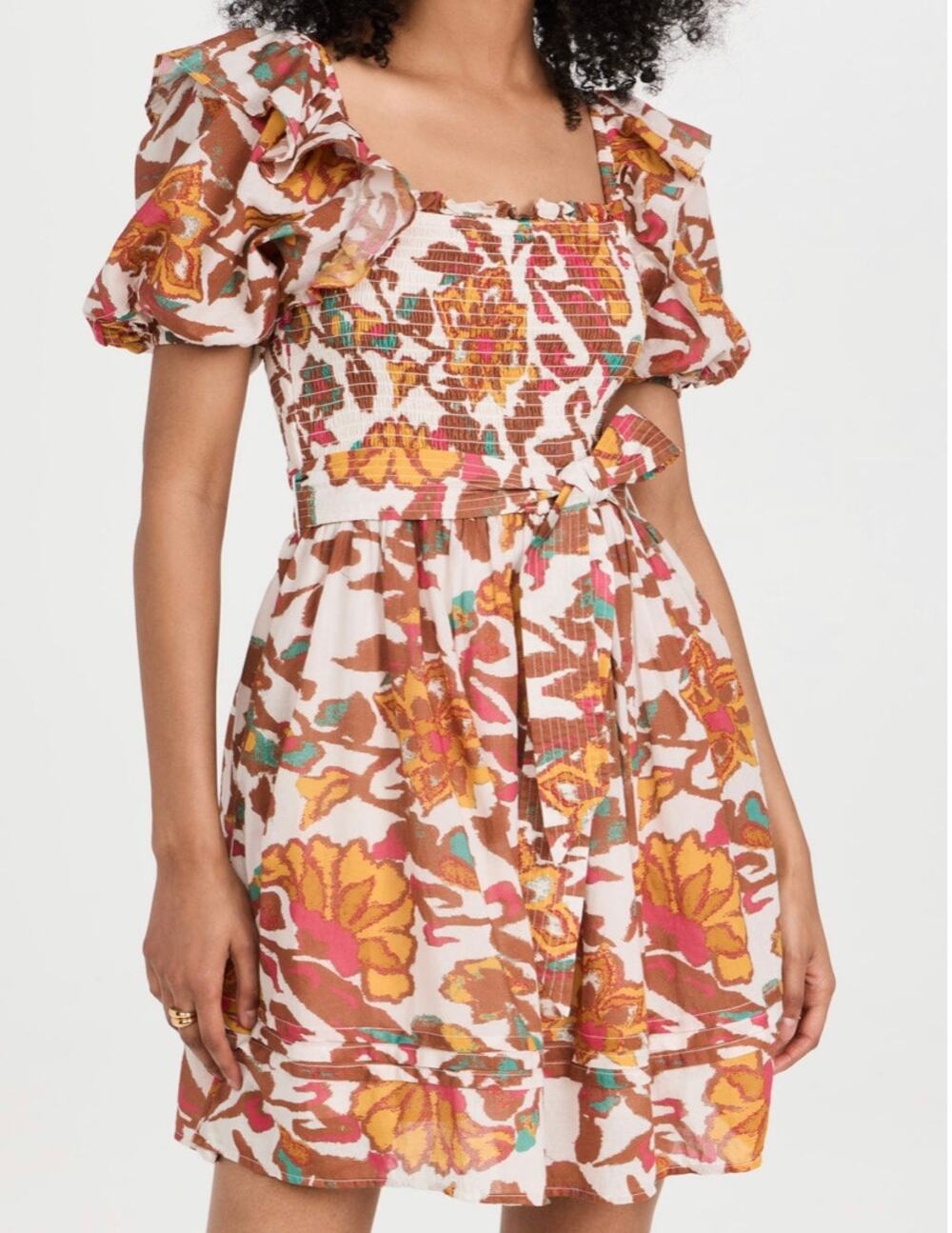 Cleobella Delfina Mini Dress Orange Brown Pouf Sleeve Square neck S EUC Classic